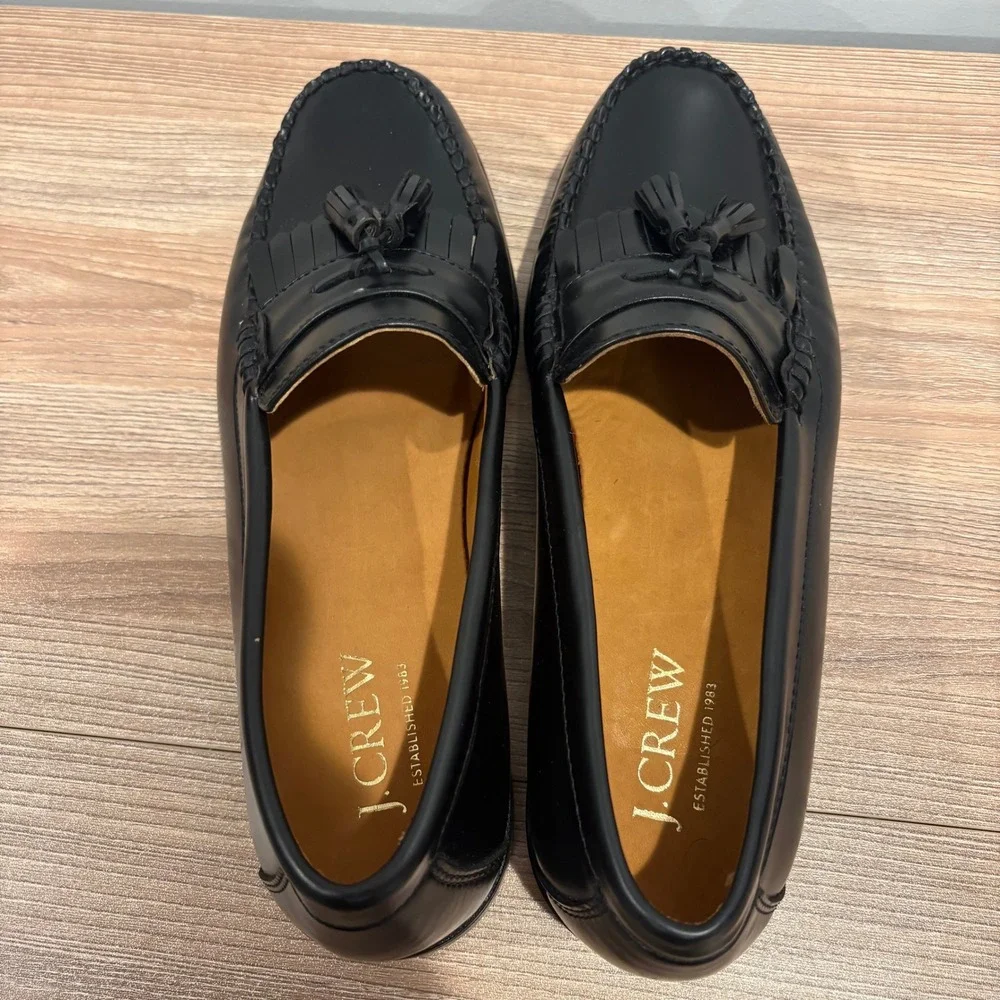 J.Crew Classic Tassel Kiltie Loafers Mens Black size 11 Leather Slip On Shoes